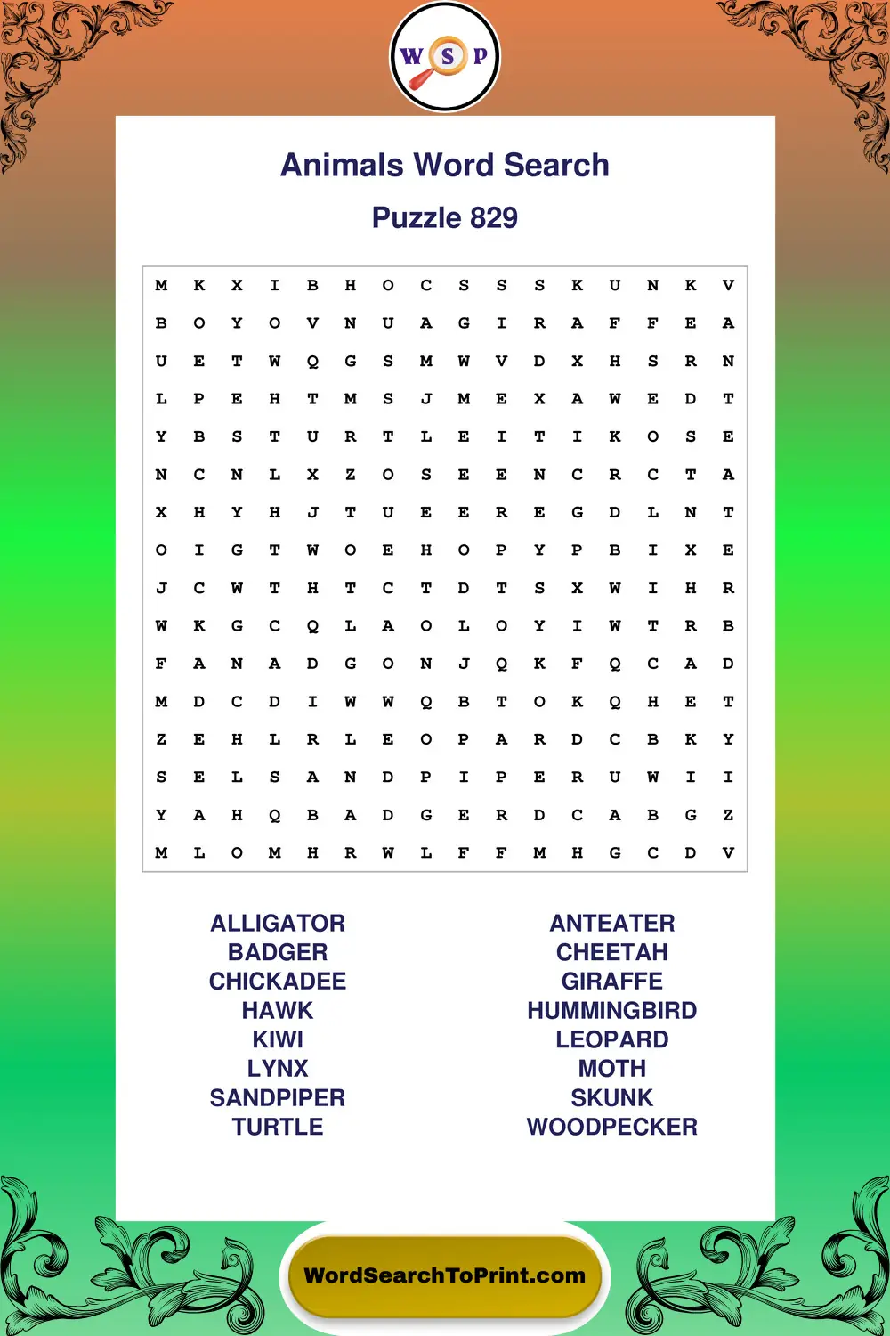 Animals Word Search Puzzle 829