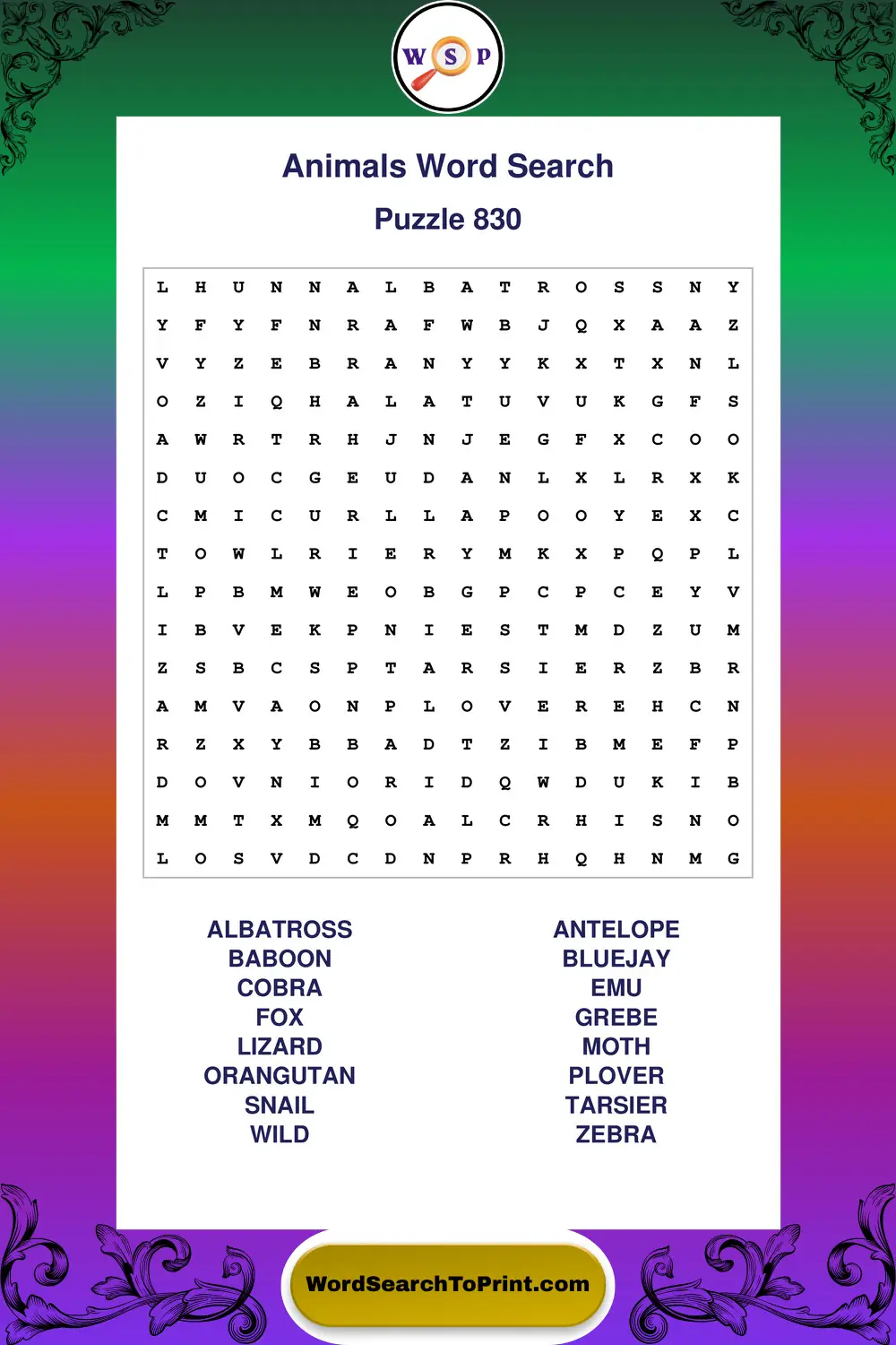 Animals Word Search Puzzle 830