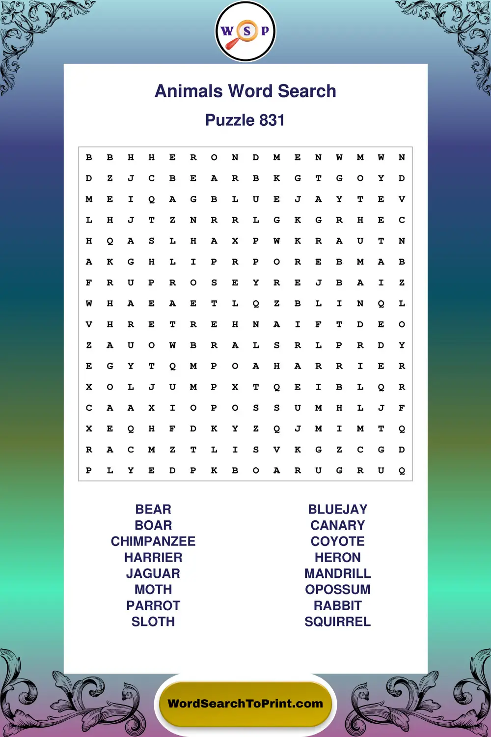 Animals Word Search Puzzle 831