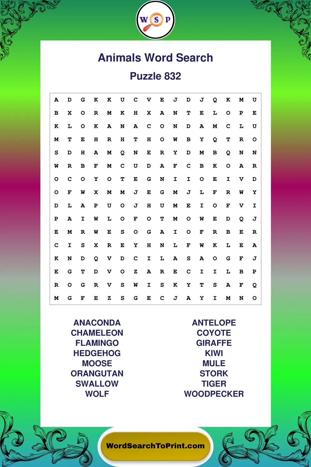 Animals Word Search Puzzle 832