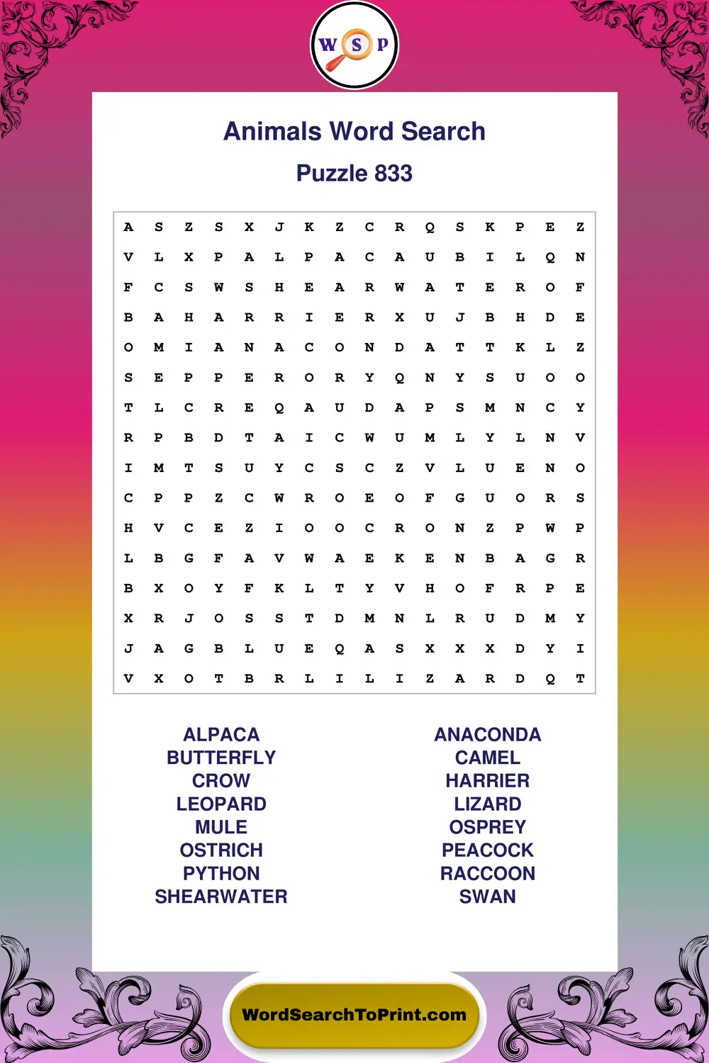 Animals Word Search Puzzle 833