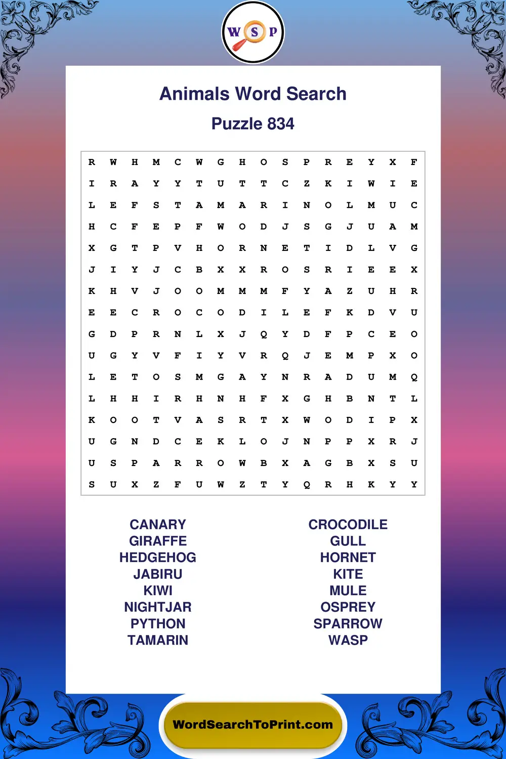 Animals Word Search Puzzle 834