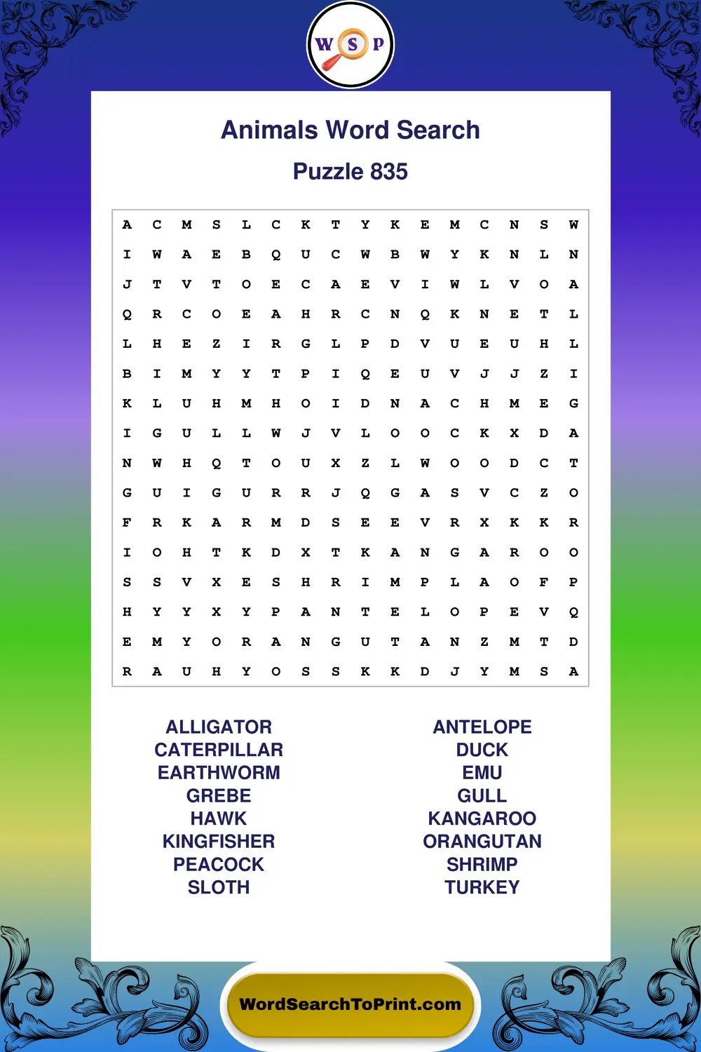 Animals Word Search Puzzle 835