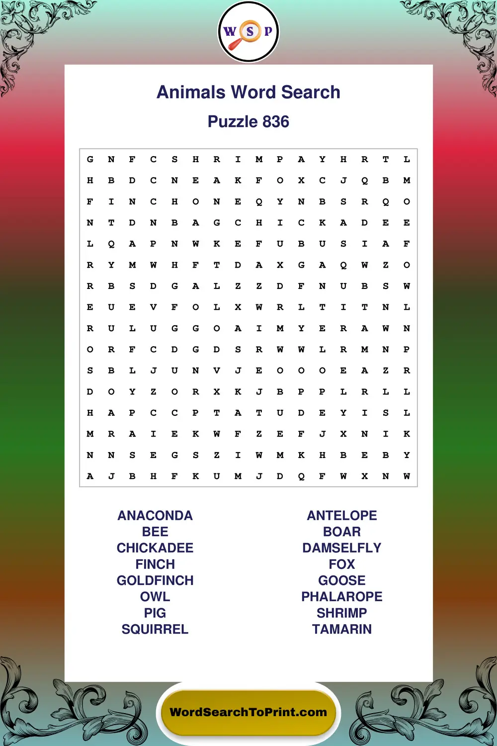 Animals Word Search Puzzle 836