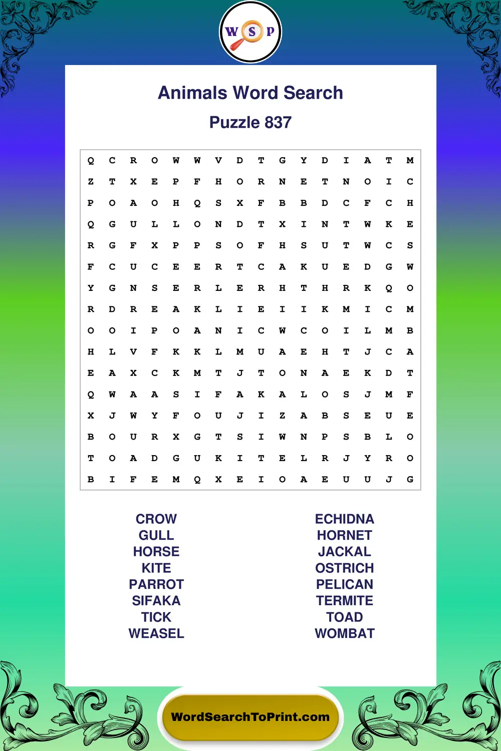 Animals Word Search Puzzle 837