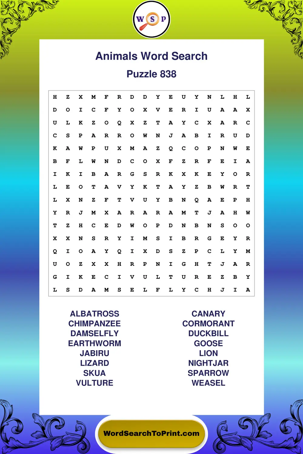 Animals Word Search Puzzle 838