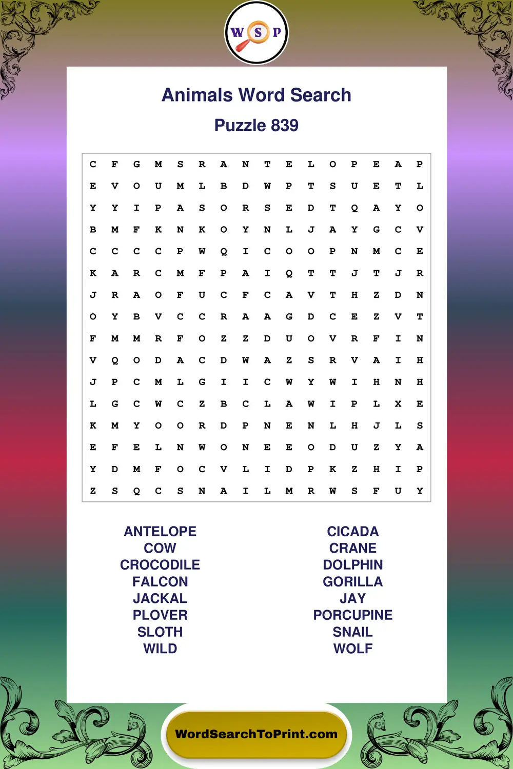 Animals Word Search Puzzle 839