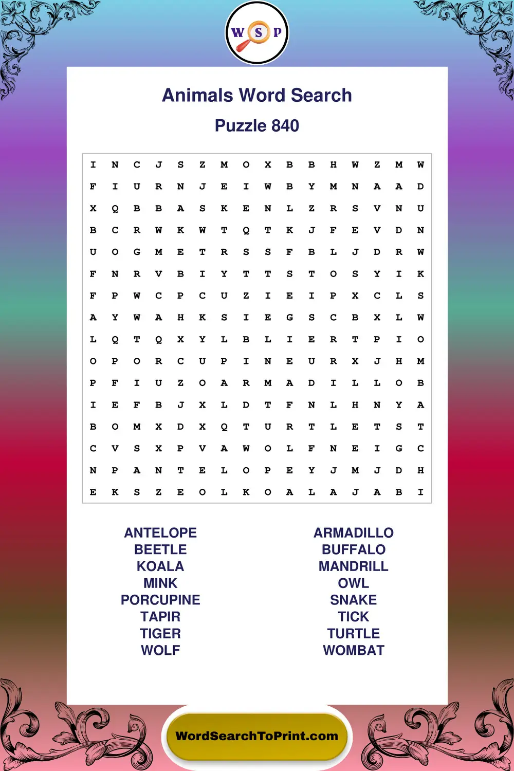 Animals Word Search Puzzle 840