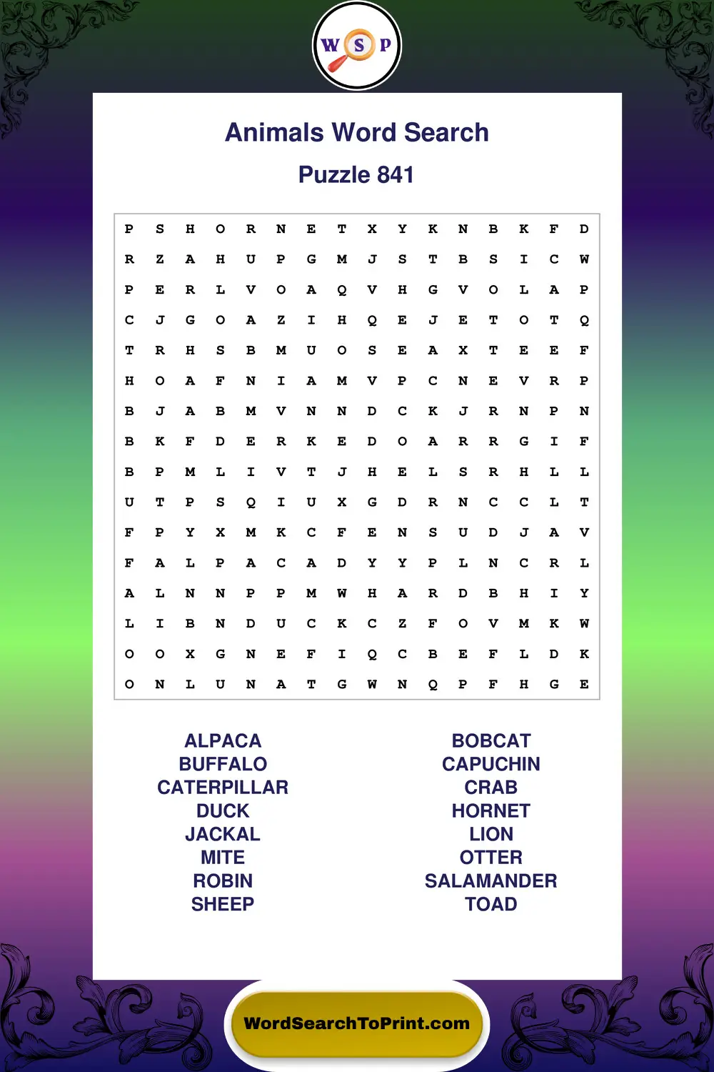 Animals Word Search Puzzle 841