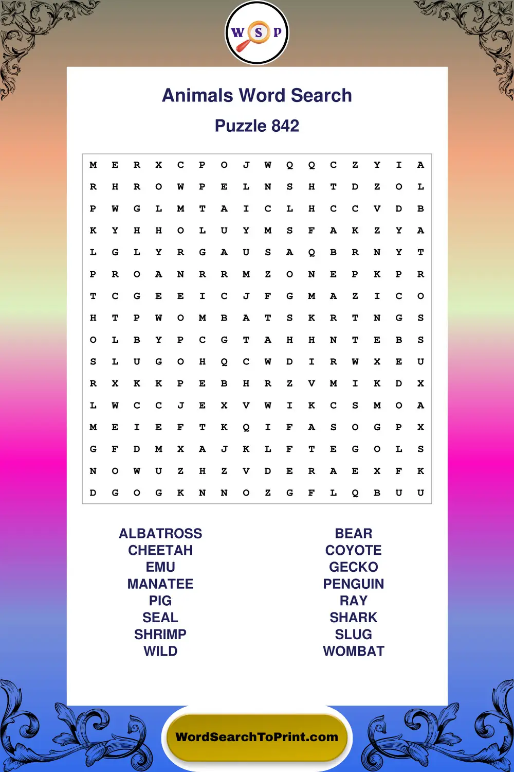 Animals Word Search Puzzle 842