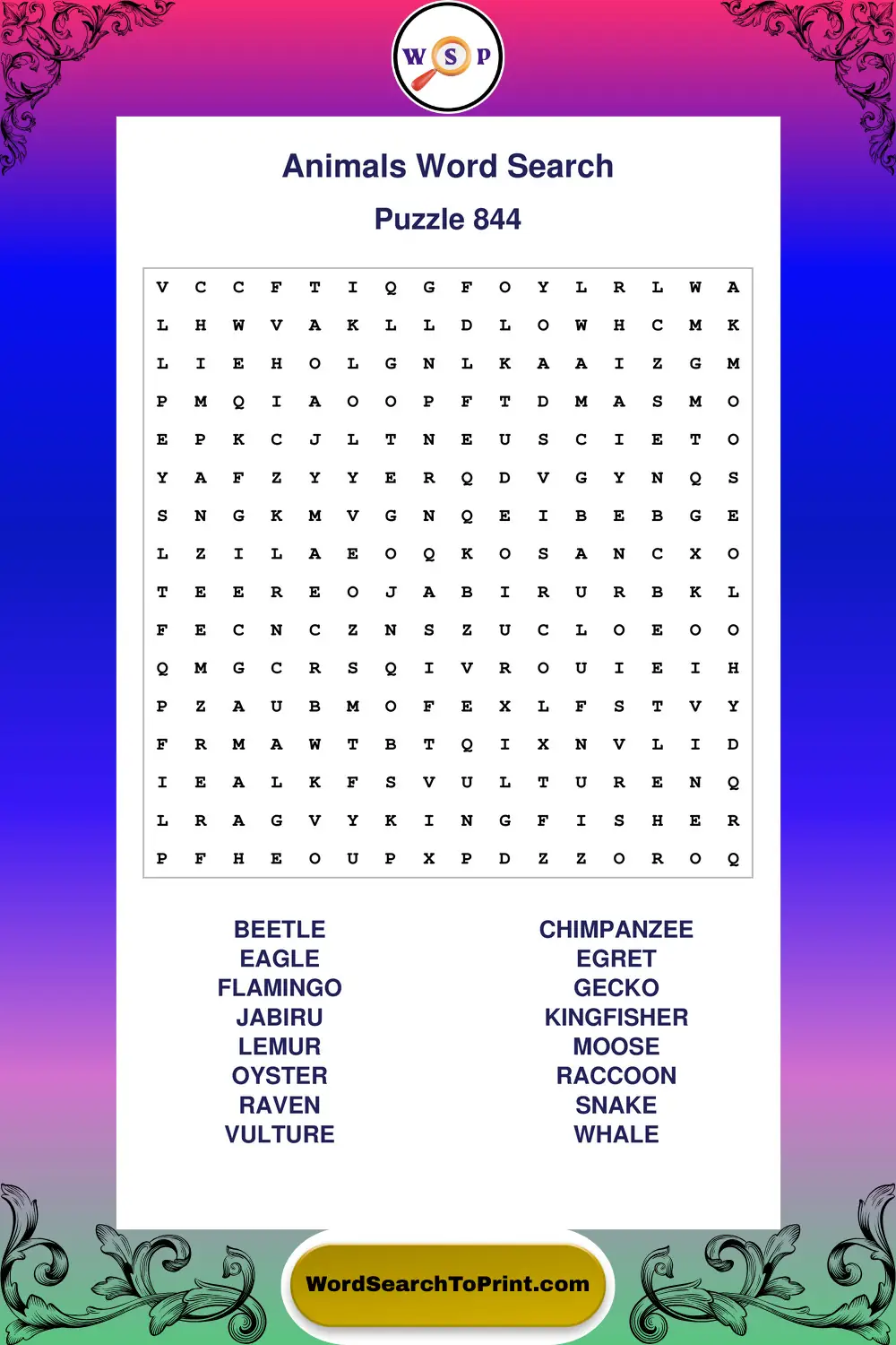 Animals Word Search Puzzle 844