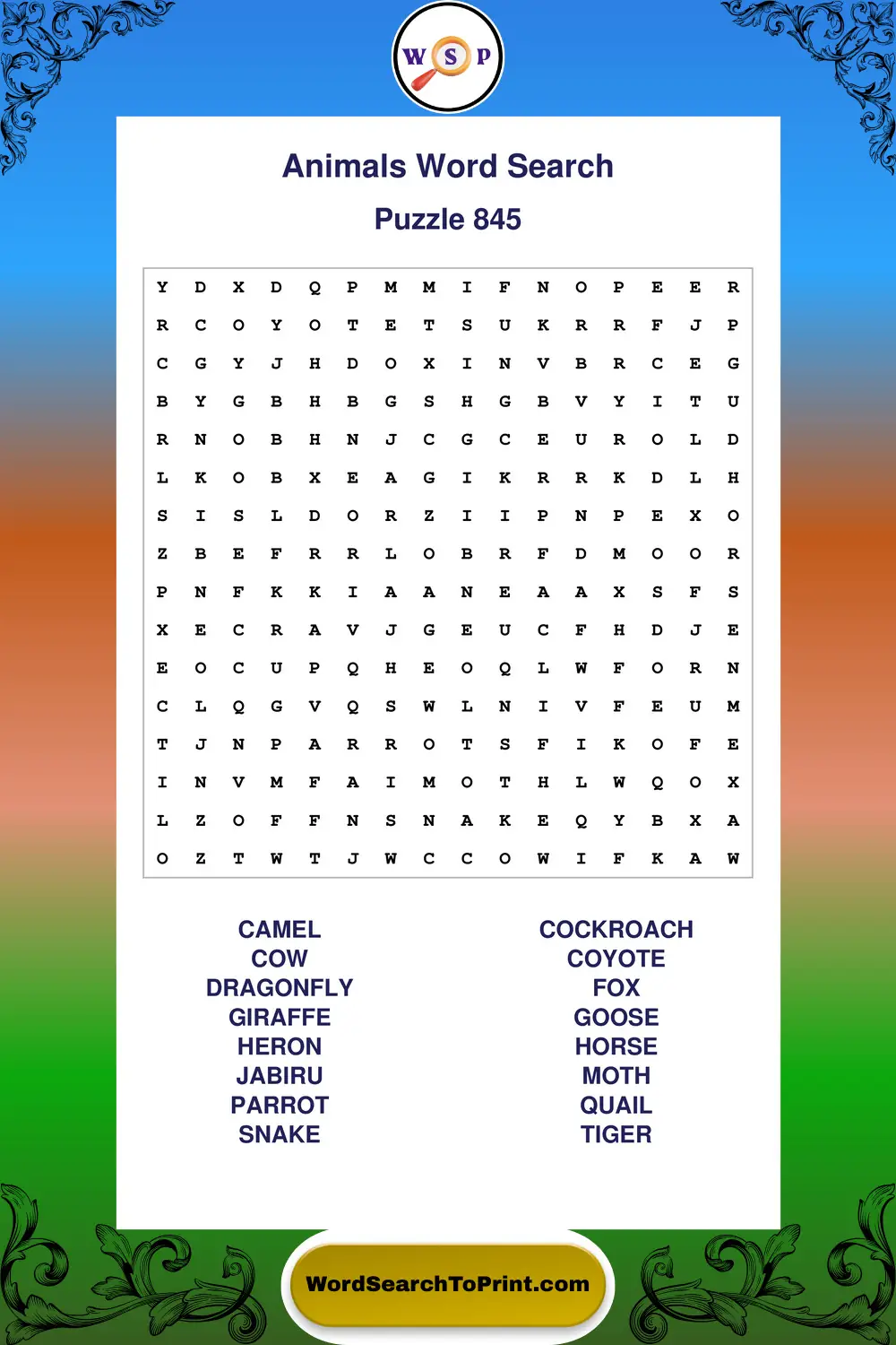 Animals Word Search Puzzle 845