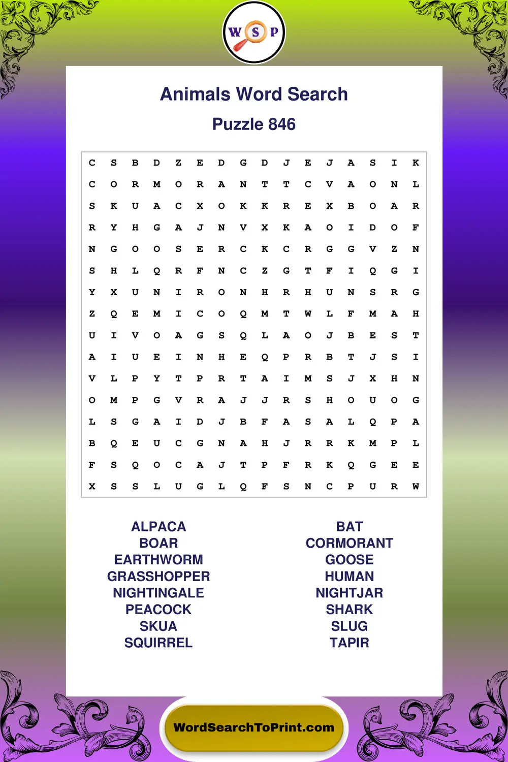 Animals Word Search Puzzle 846