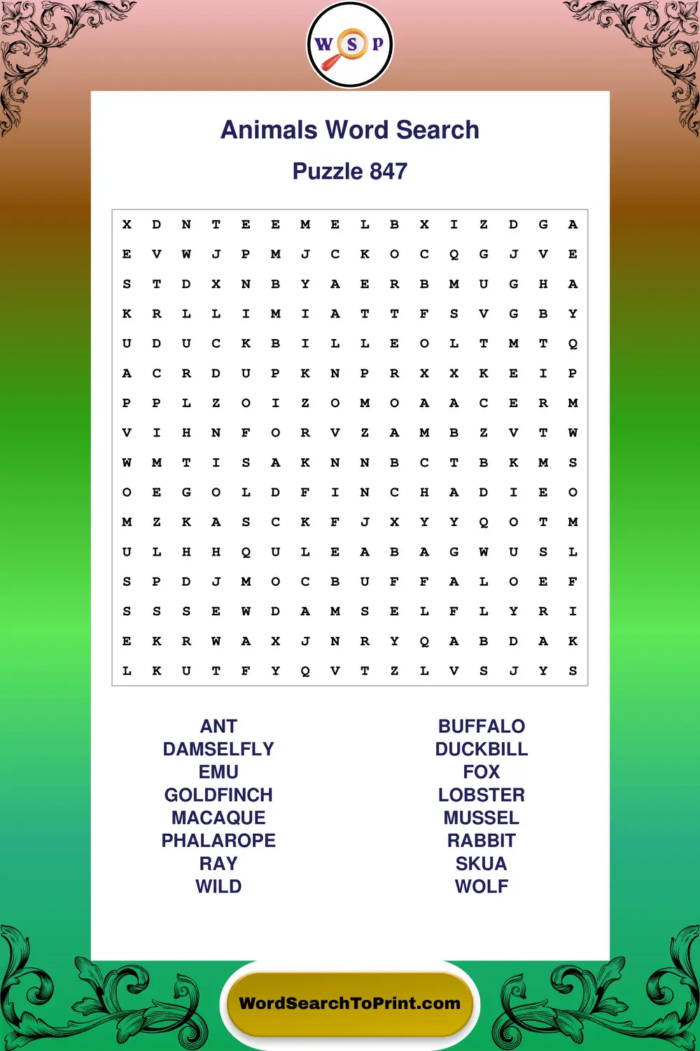 Animals Word Search Puzzle 847