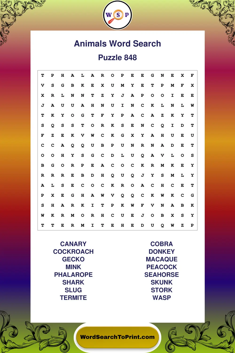 Animals Word Search Puzzle 848