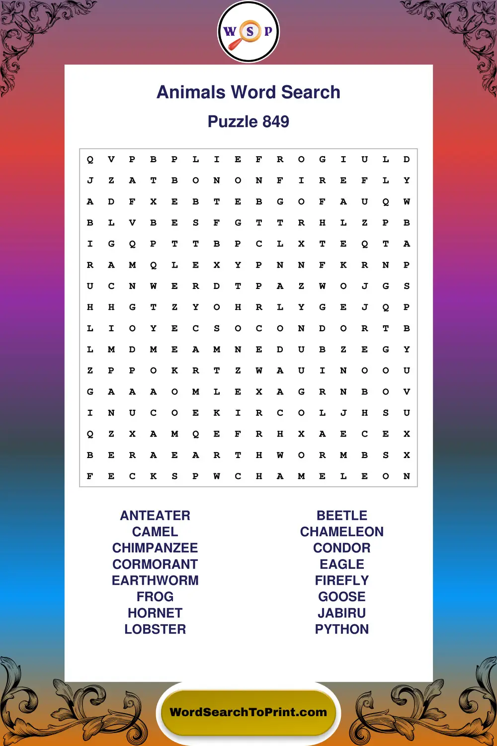 Animals Word Search Puzzle 849