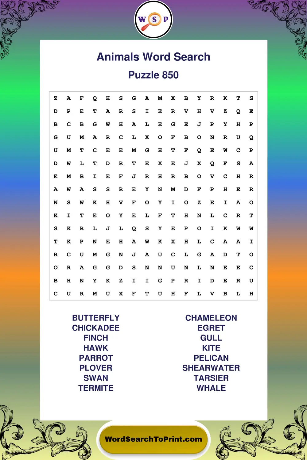 Animals Word Search Puzzle 850