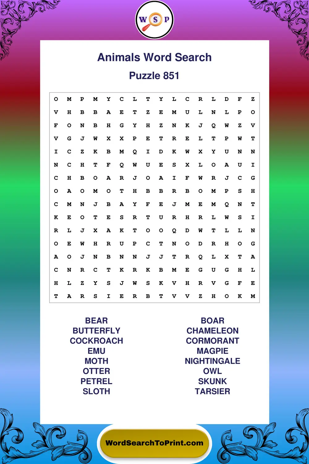 Animals Word Search Puzzle 851