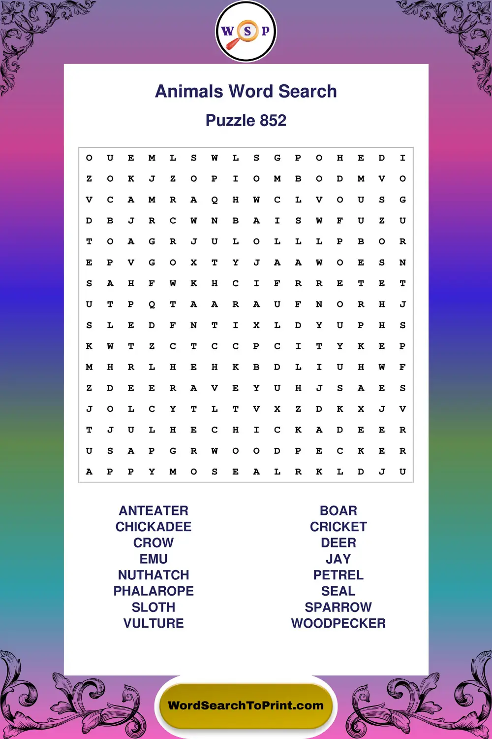 Animals Word Search Puzzle 852