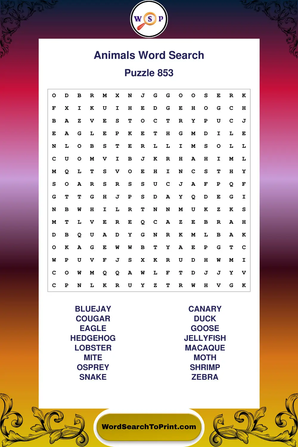 Animals Word Search Puzzle 853