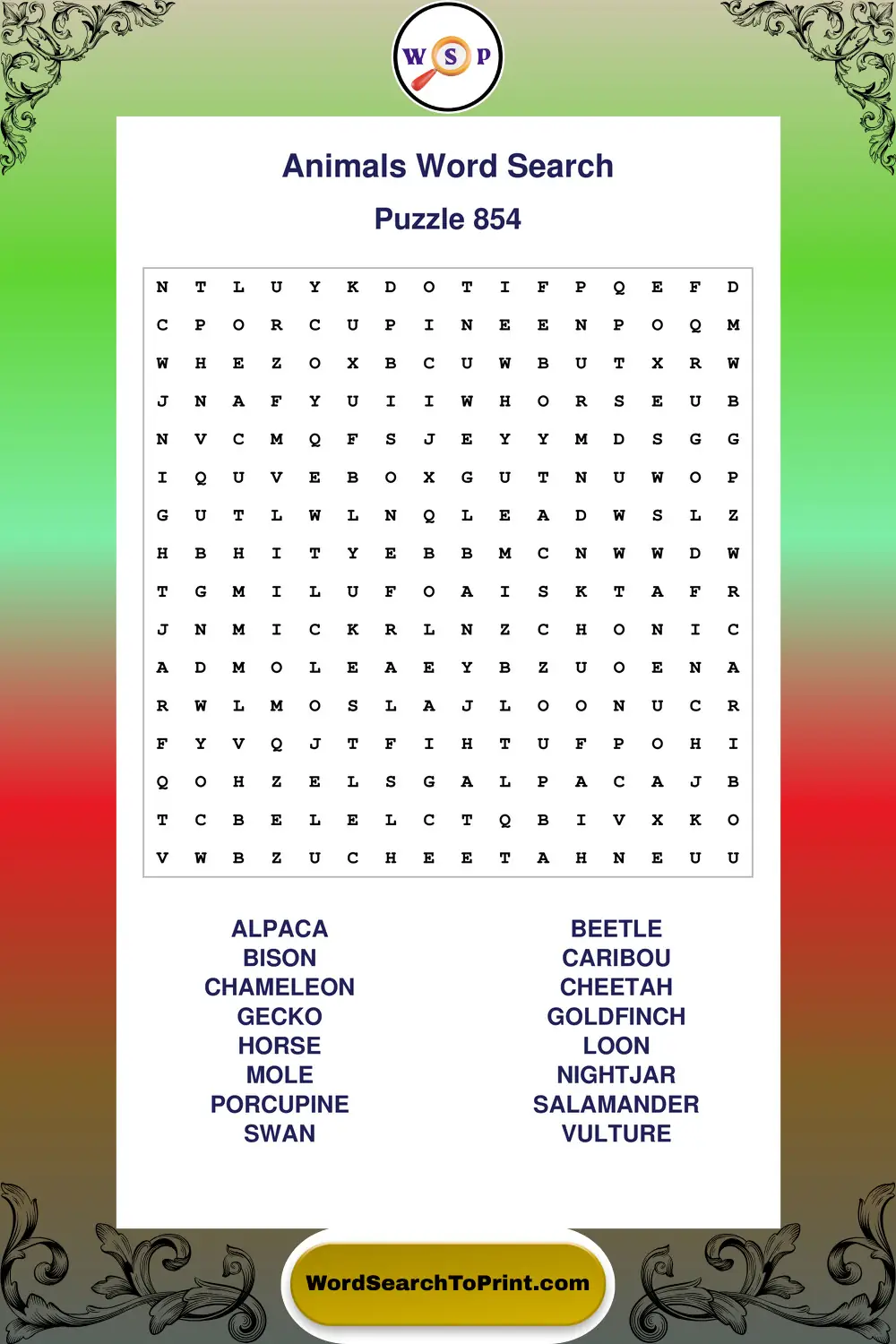 Animals Word Search Puzzle 854