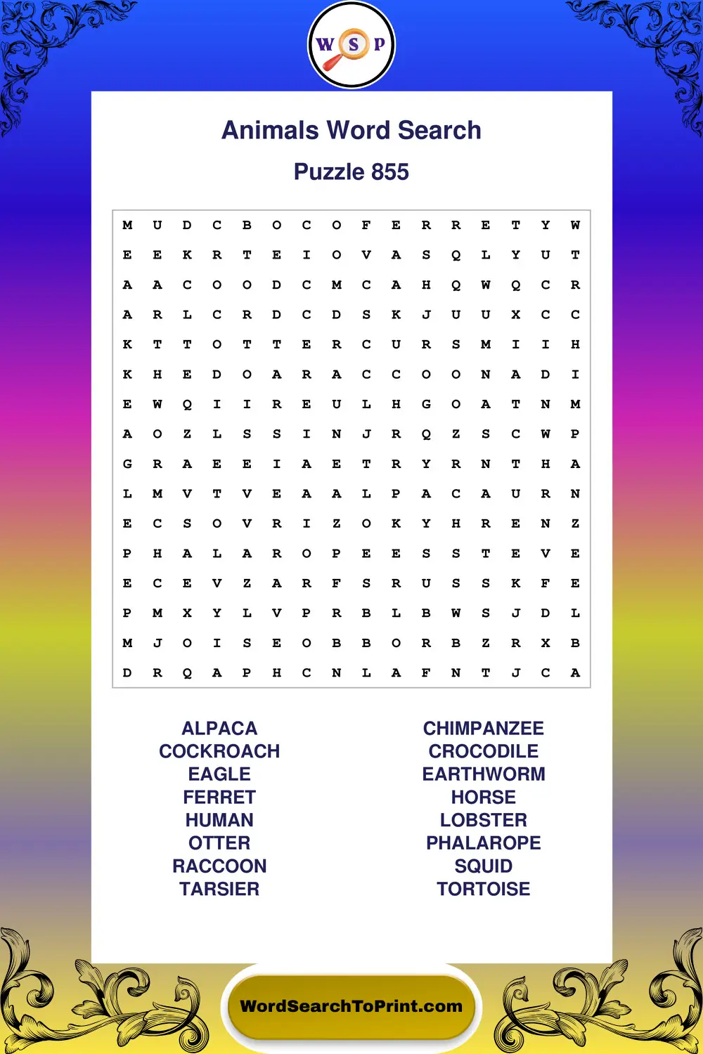 Animals Word Search Puzzle 855