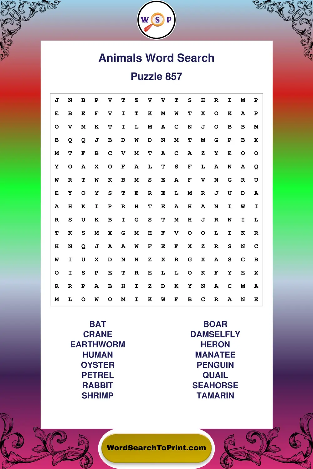 Animals Word Search Puzzle 857