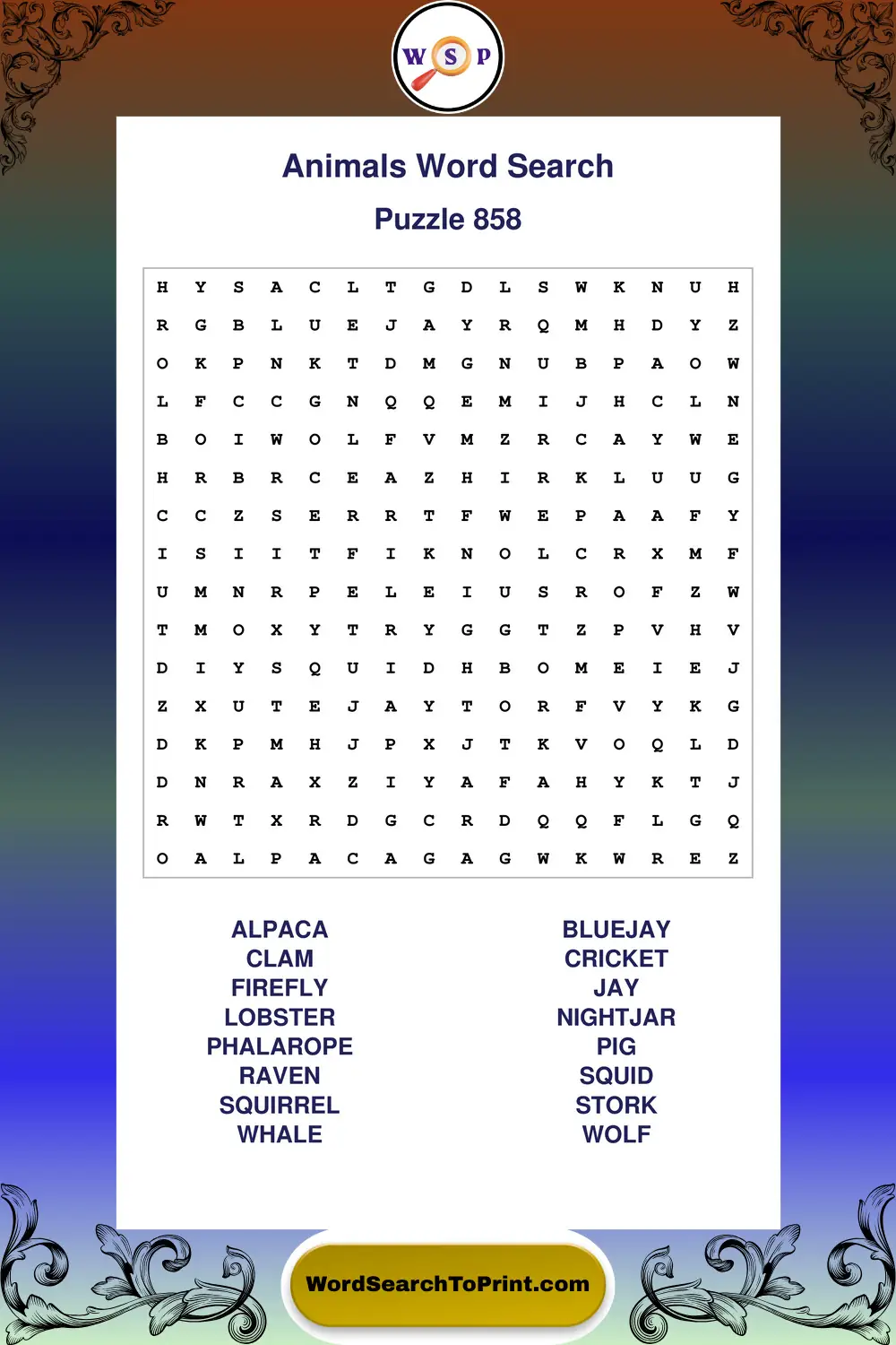 Animals Word Search Puzzle 858