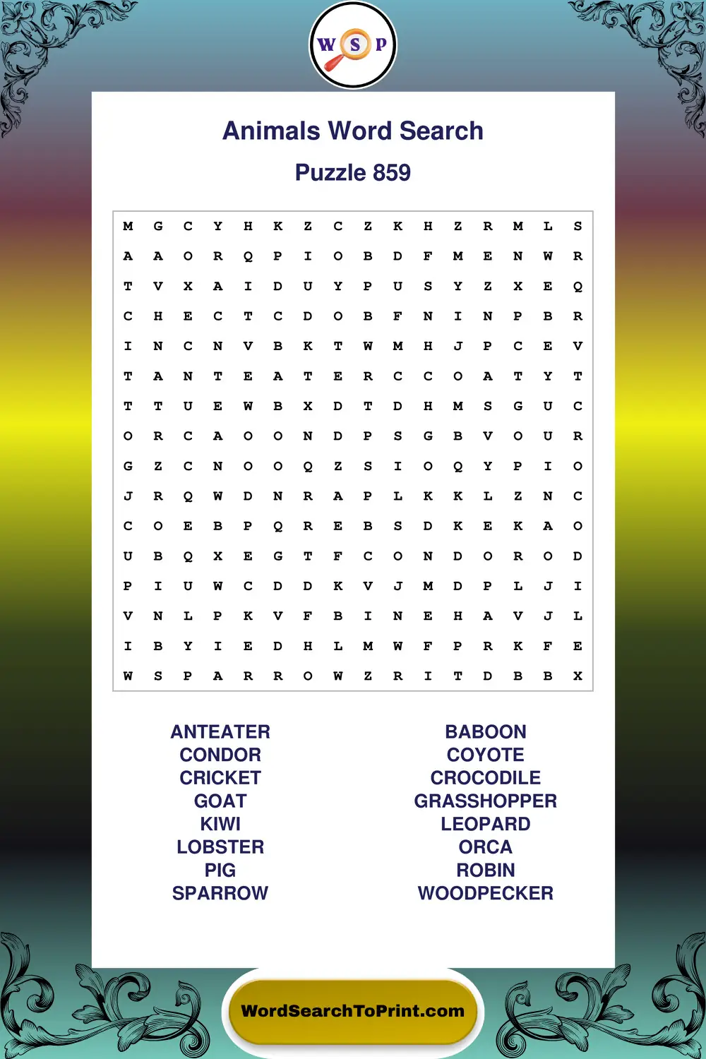 Animals Word Search Puzzle 859