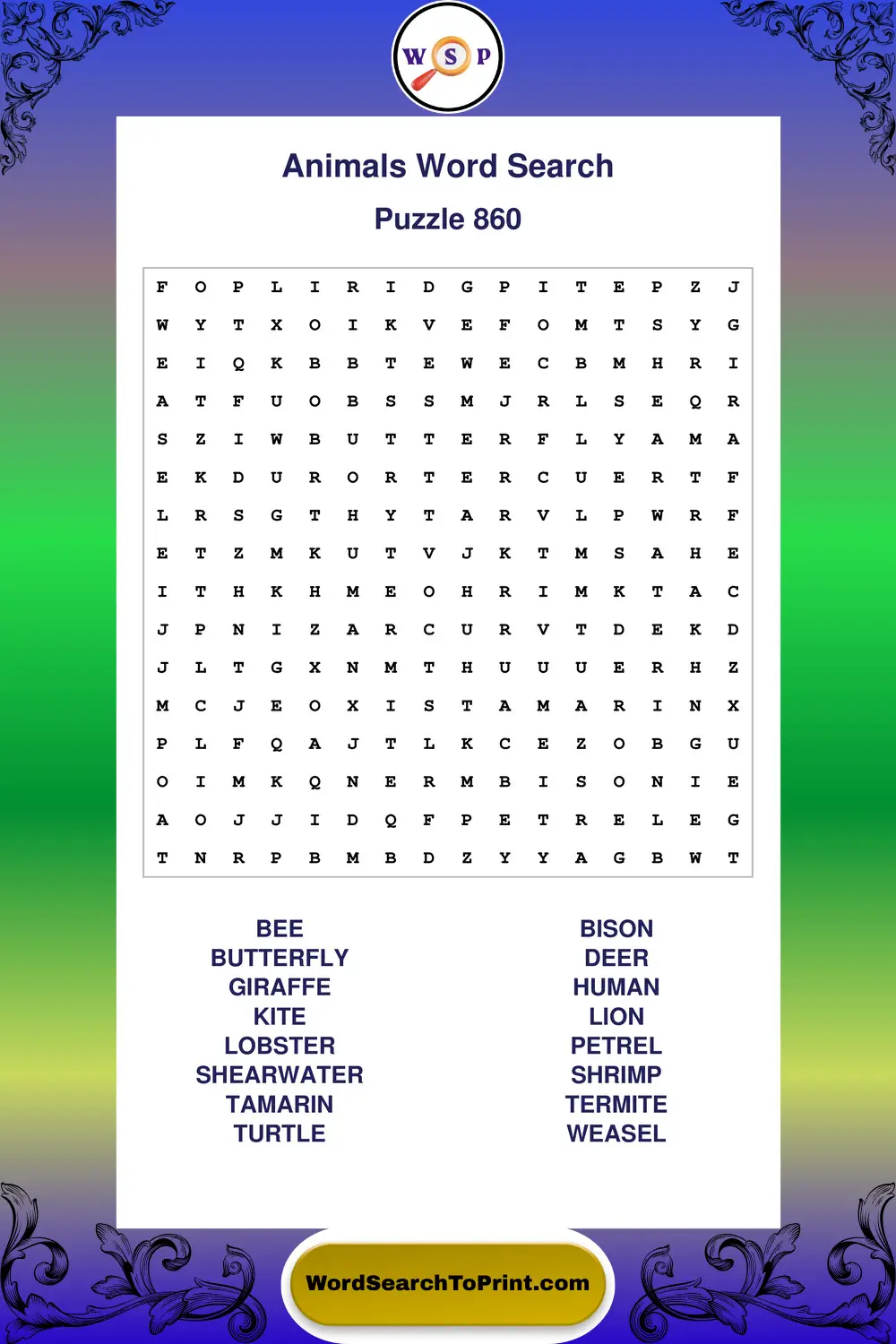 Animals Word Search Puzzle 860