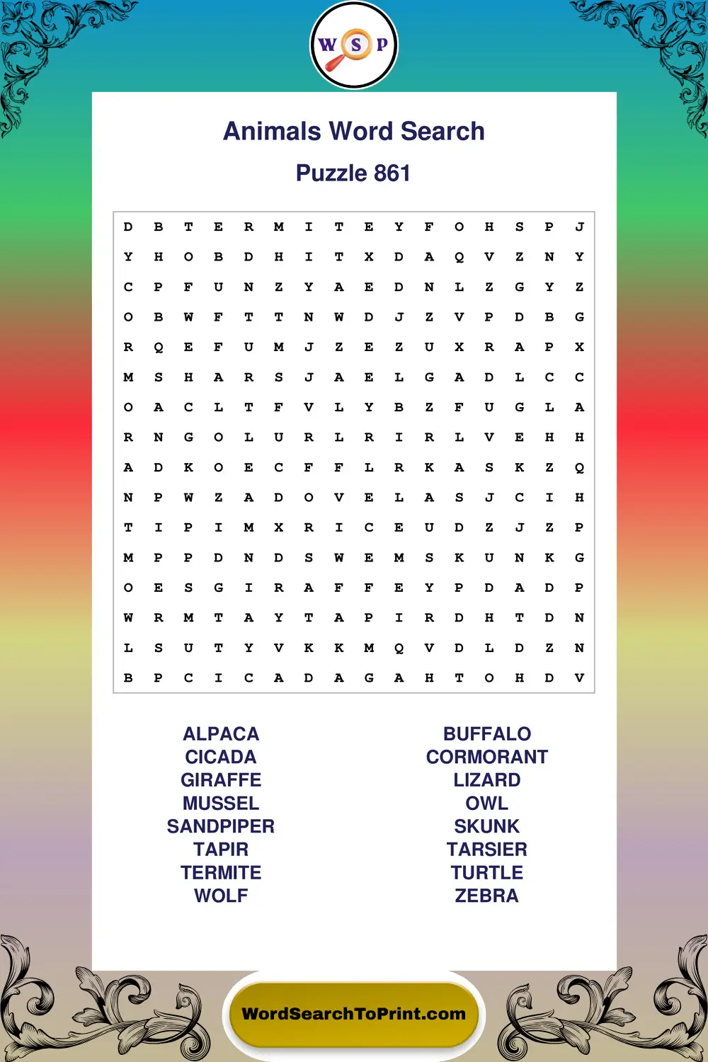 Animals Word Search Puzzle 861