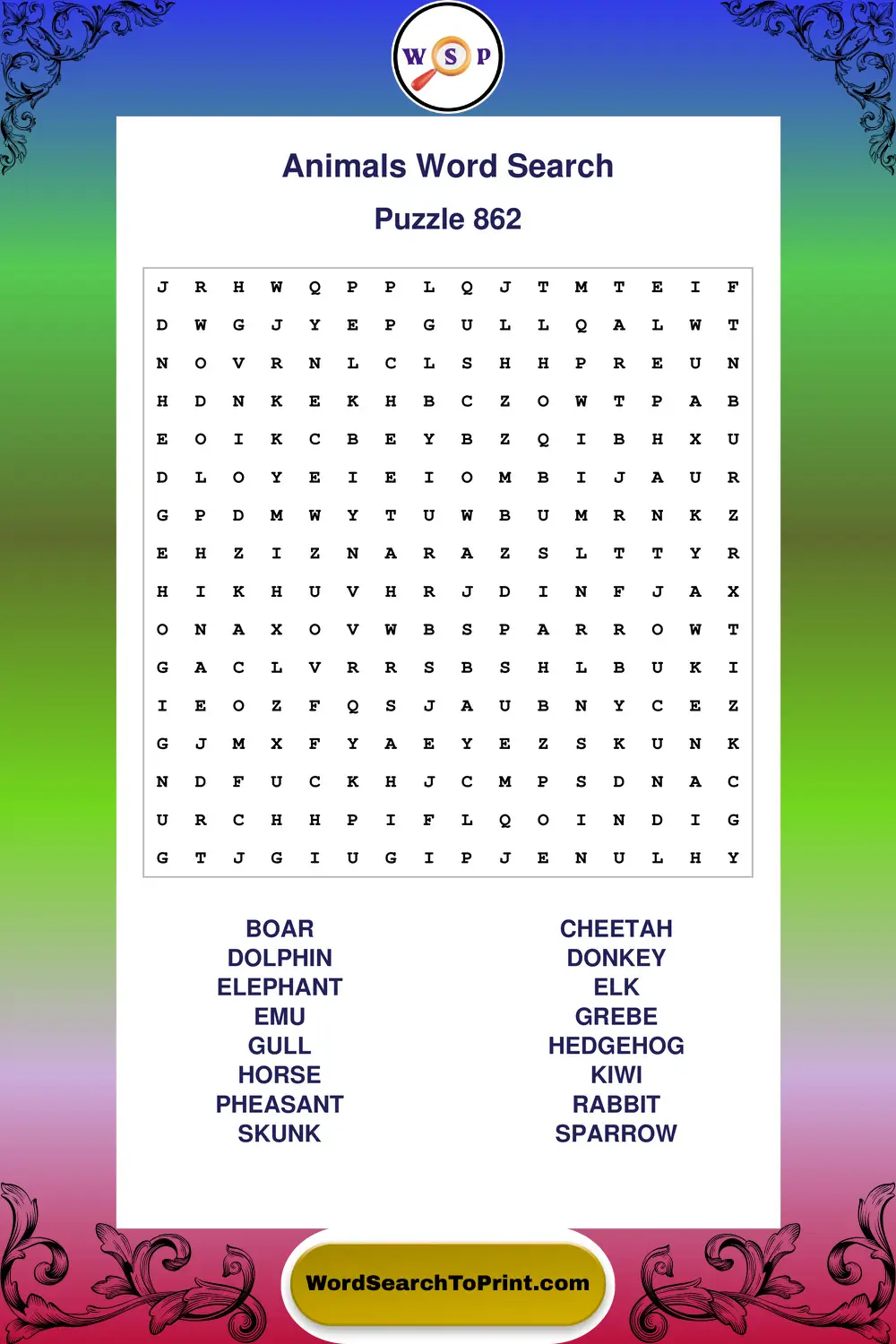Animals Word Search Puzzle 862