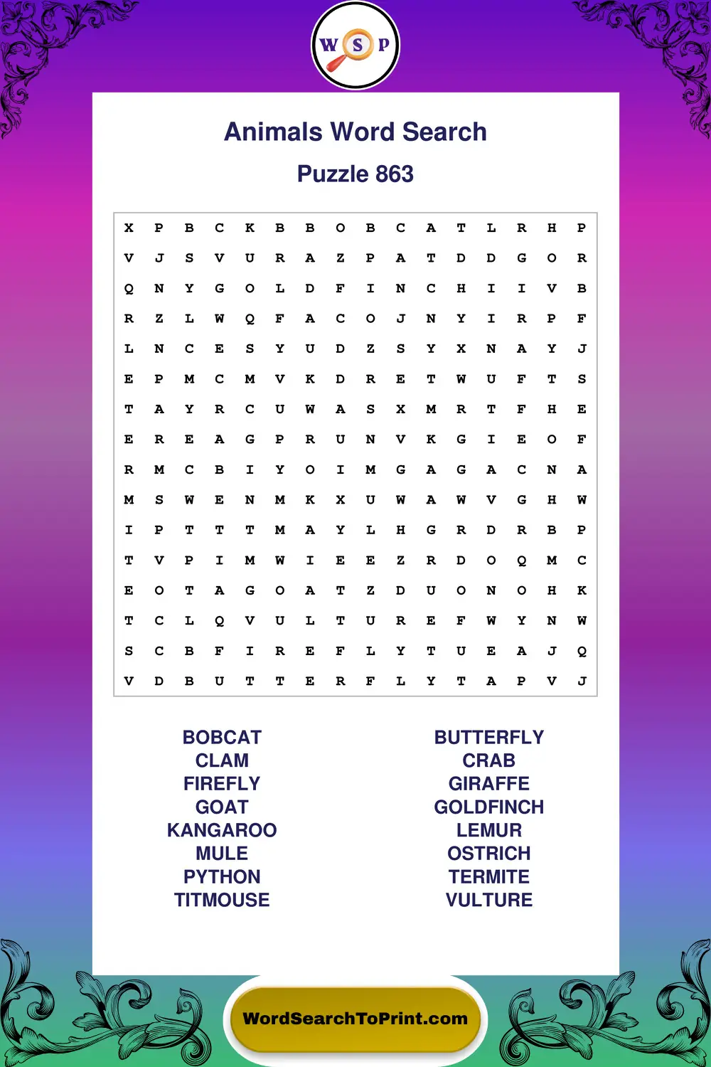 Animals Word Search Puzzle 863