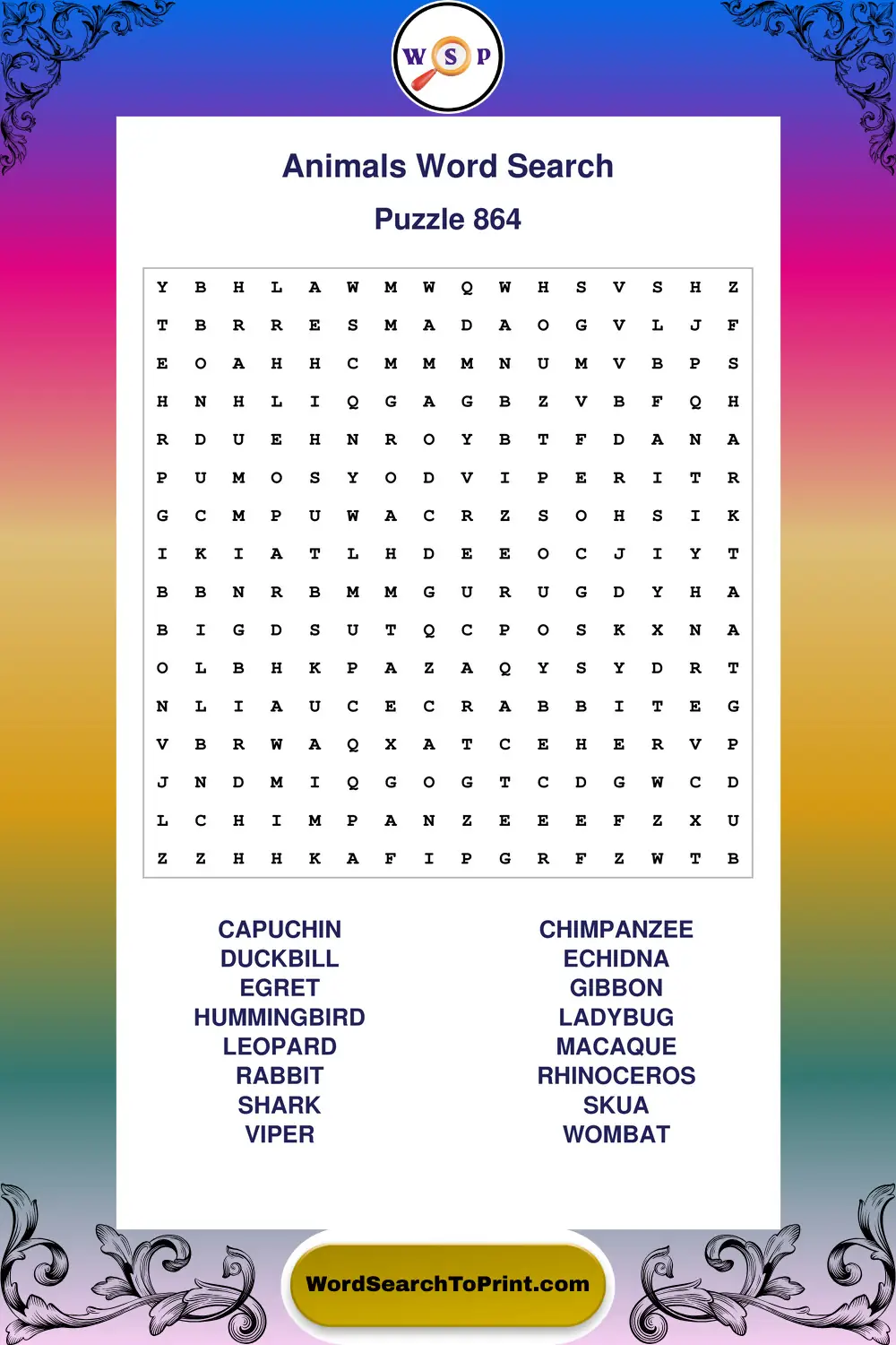 Animals Word Search Puzzle 864