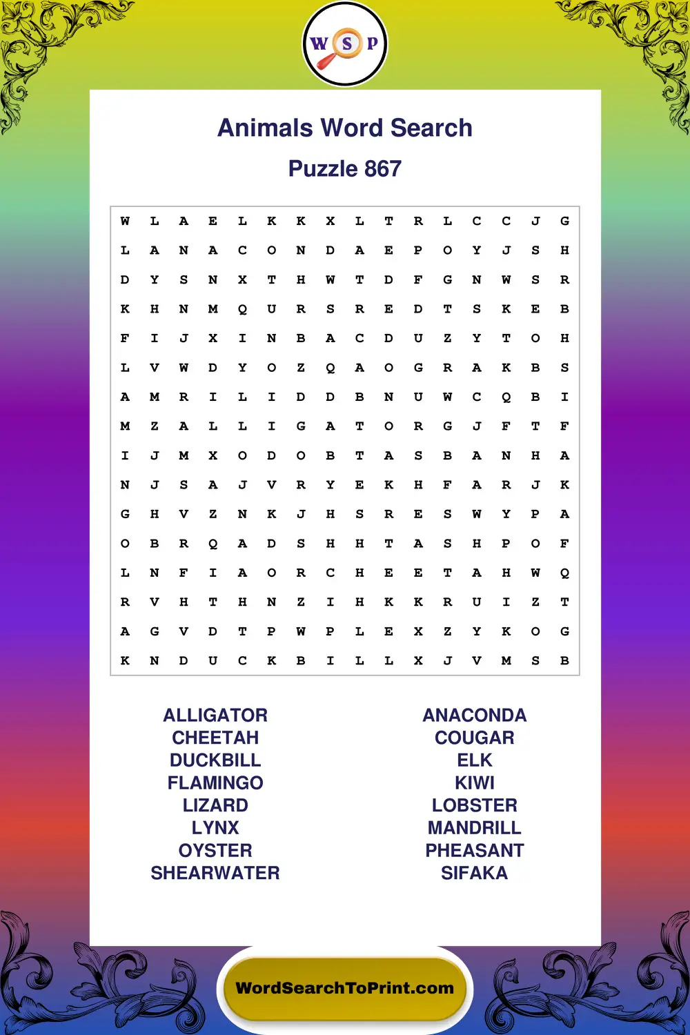 Animals Word Search Puzzle 867