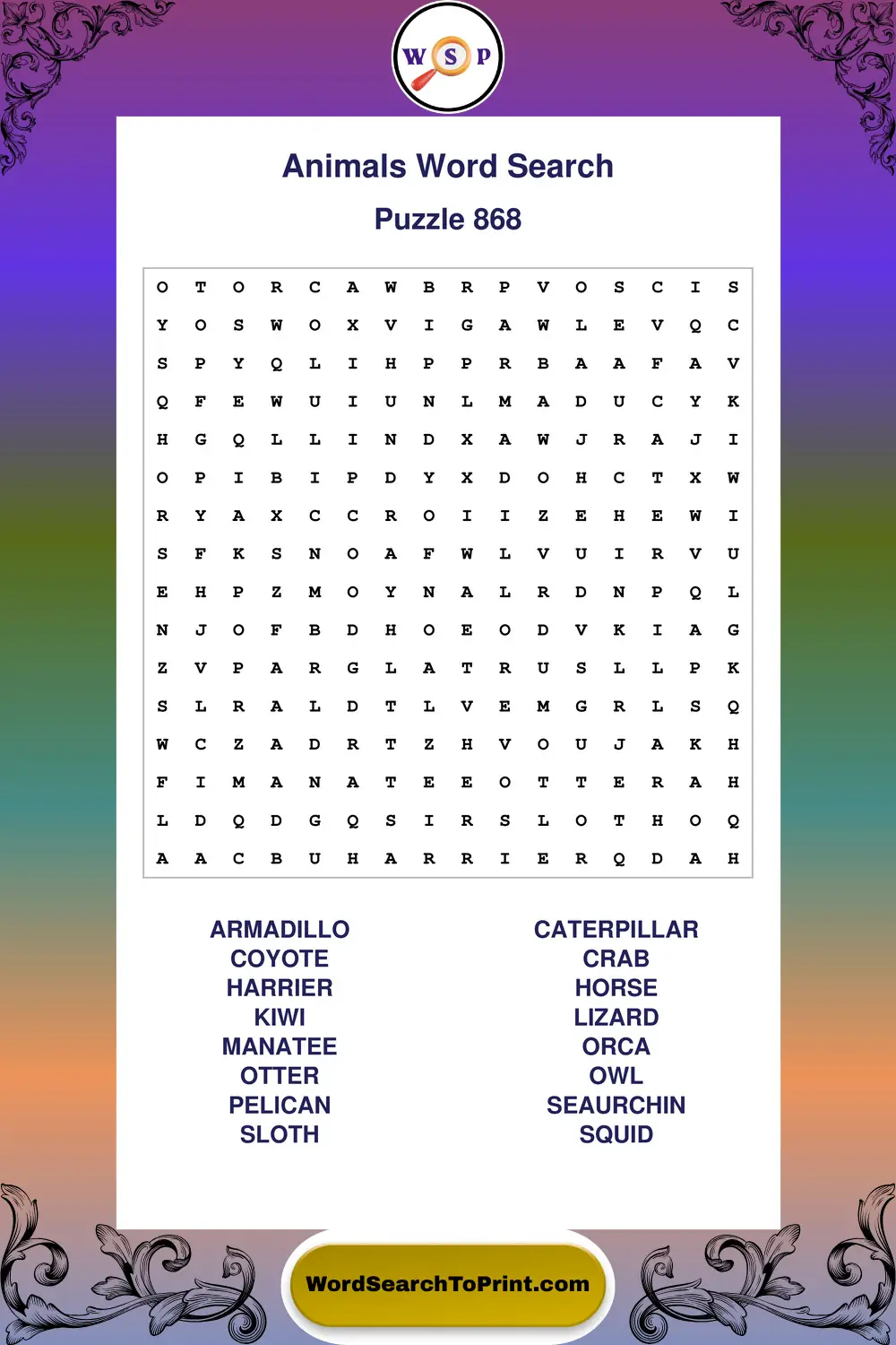 Animals Word Search Puzzle 868