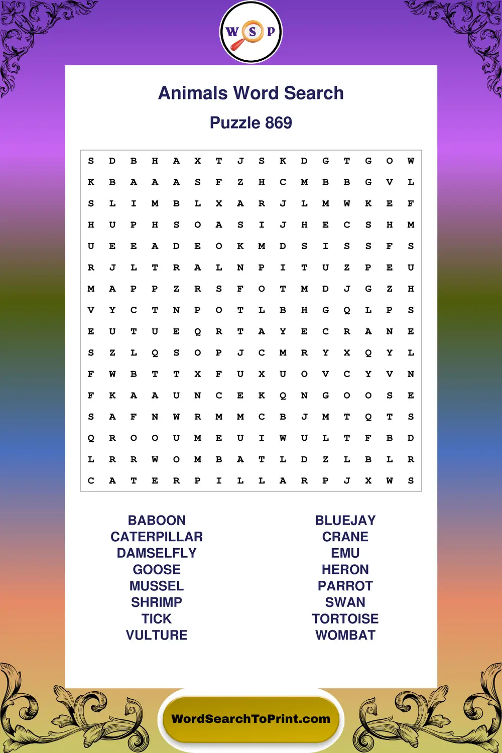 Animals Word Search Puzzle 869
