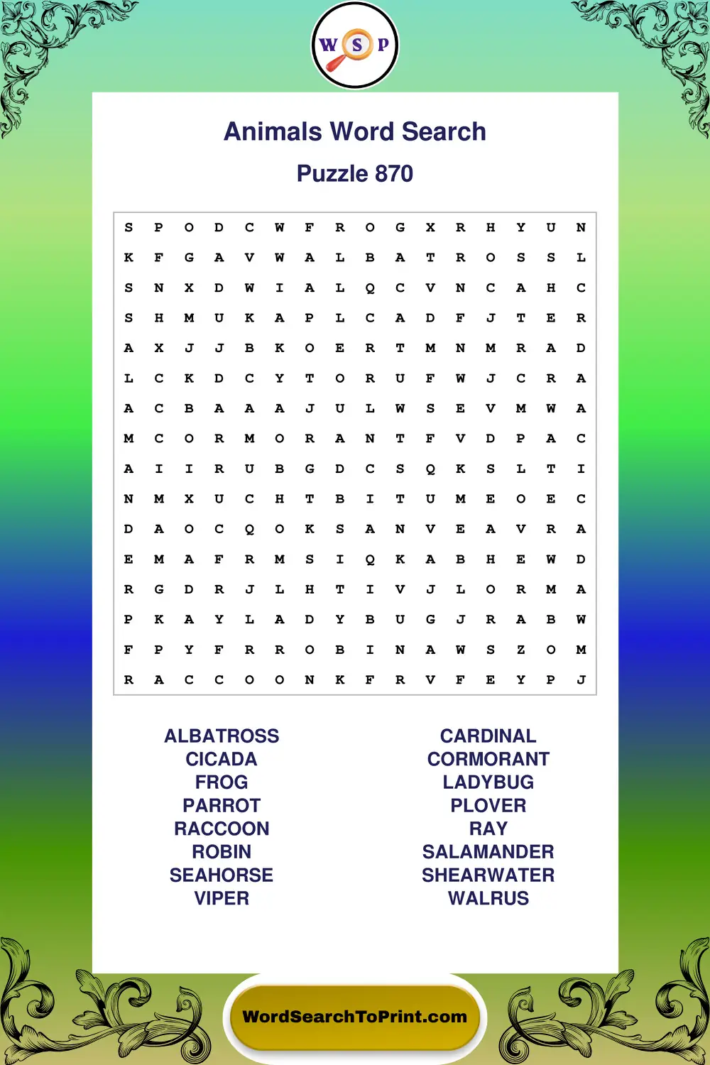Animals Word Search Puzzle 870