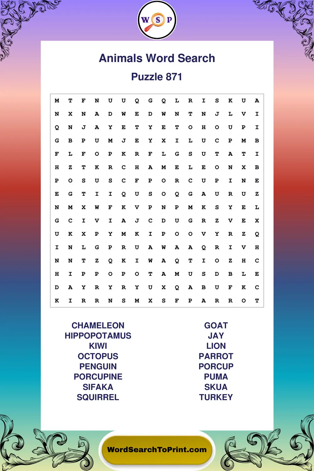 Animals Word Search Puzzle 871
