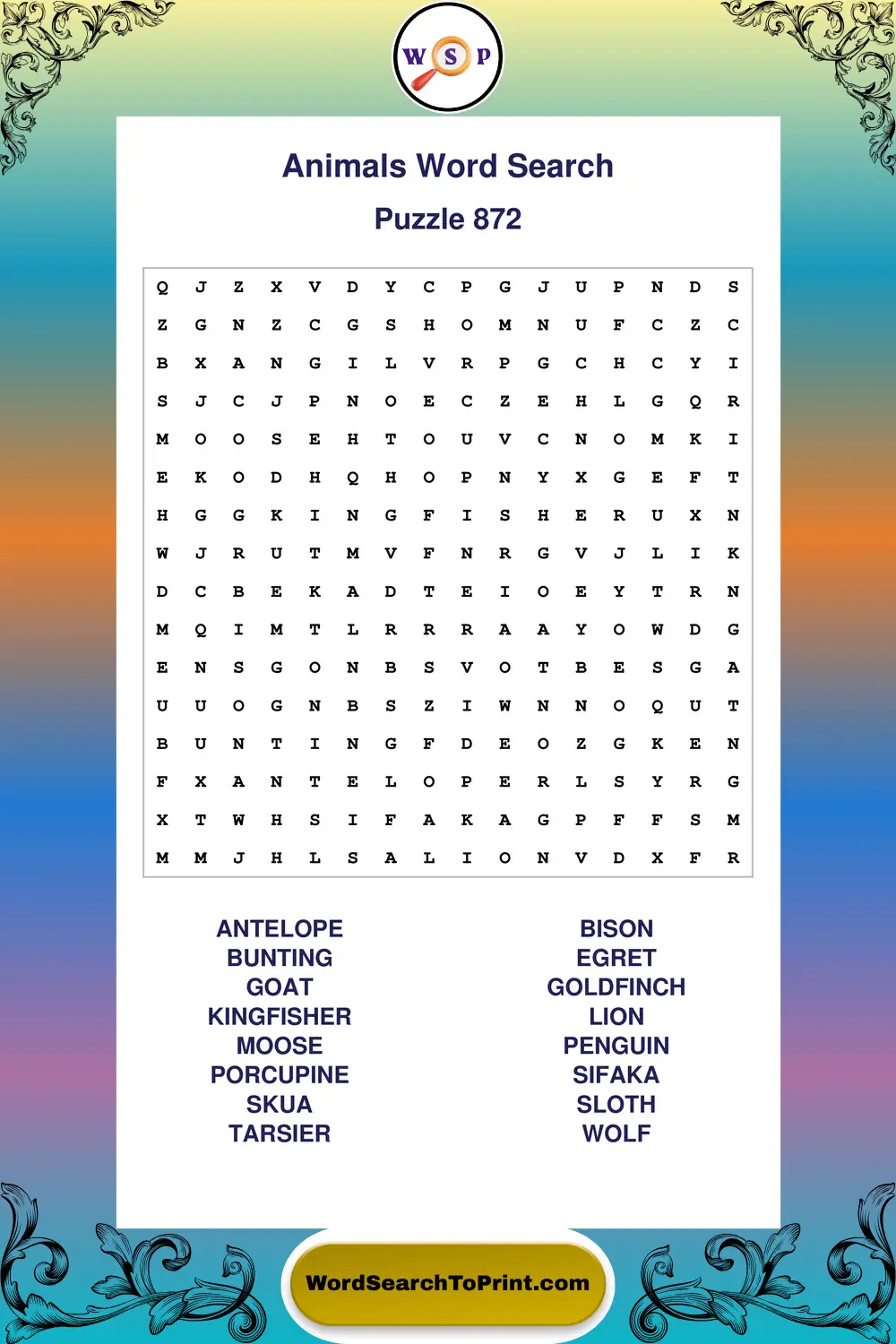 Animals Word Search Puzzle 872