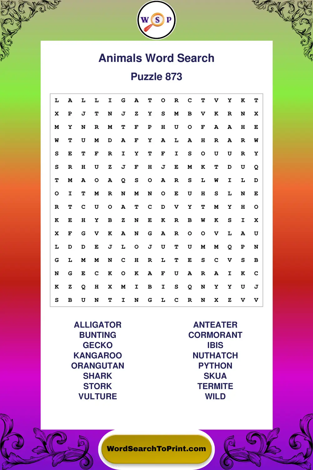 Animals Word Search Puzzle 873