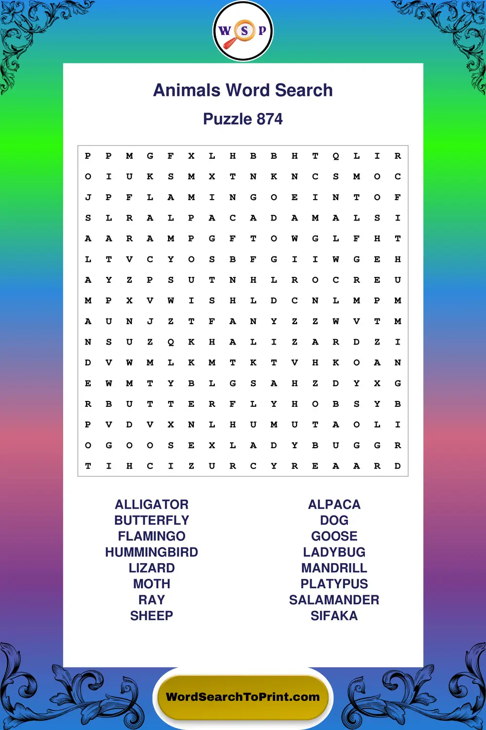 Animals Word Search Puzzle 874