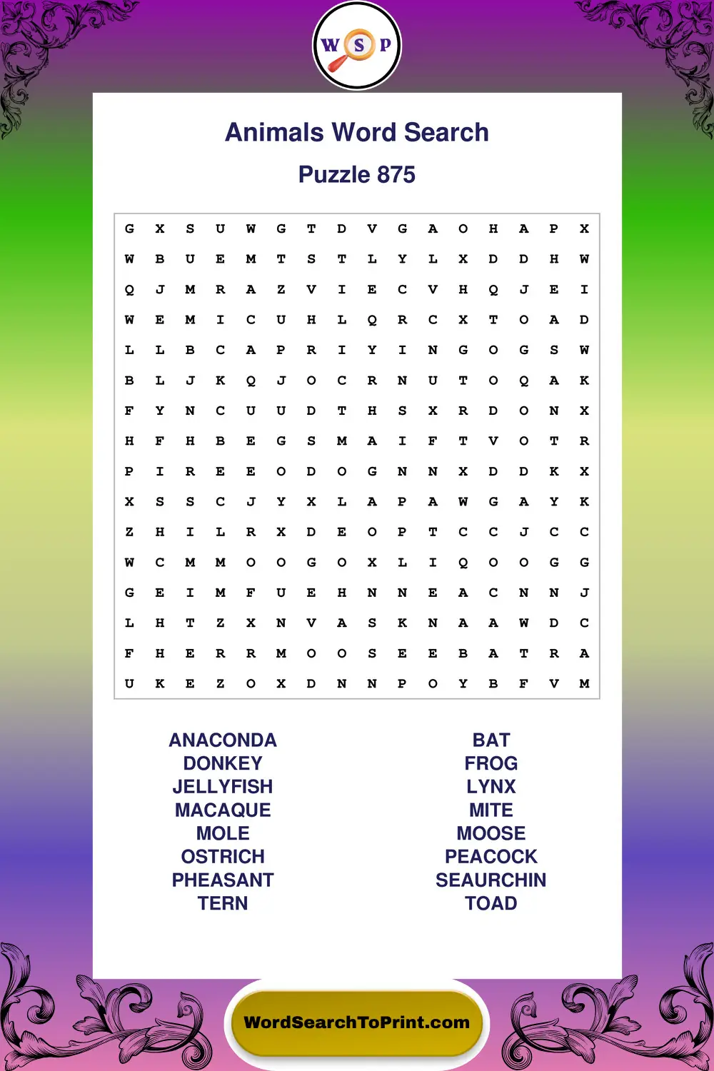 Animals Word Search Puzzle 875