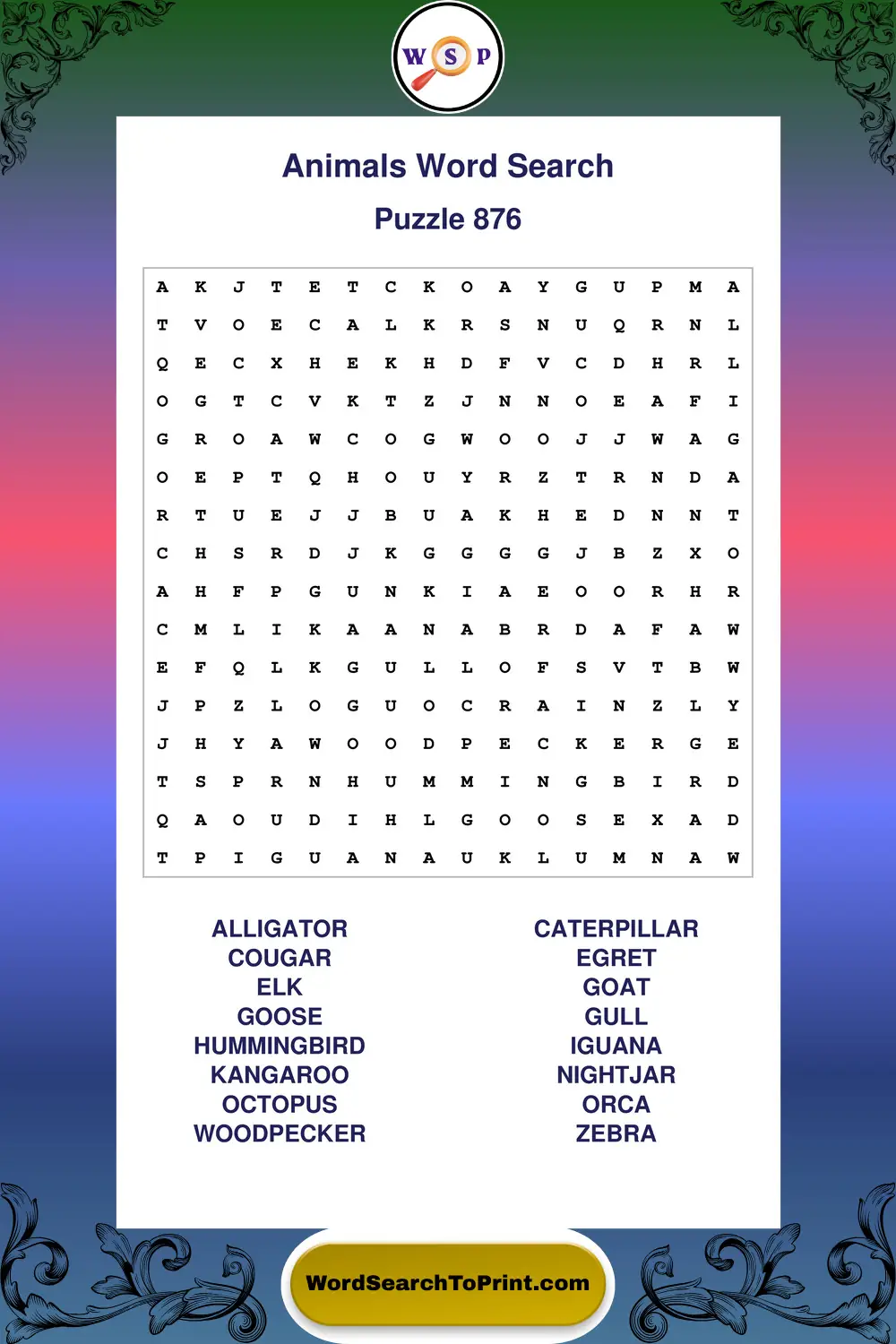 Animals Word Search Puzzle 876
