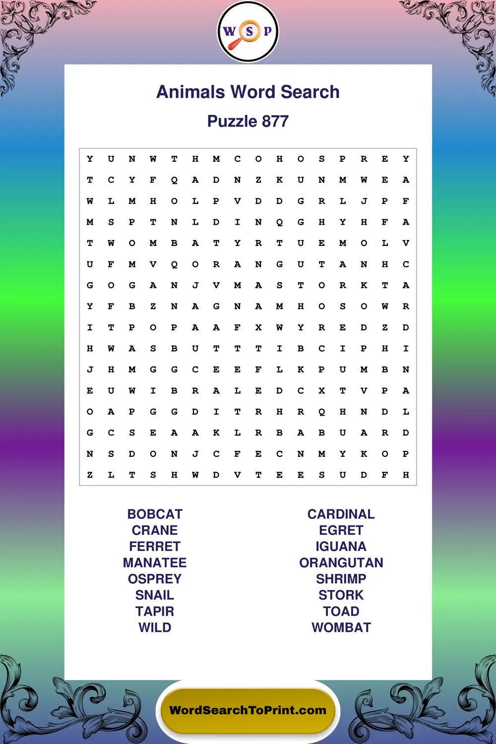 Animals Word Search Puzzle 877