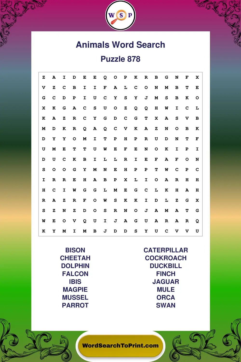 Animals Word Search Puzzle 878