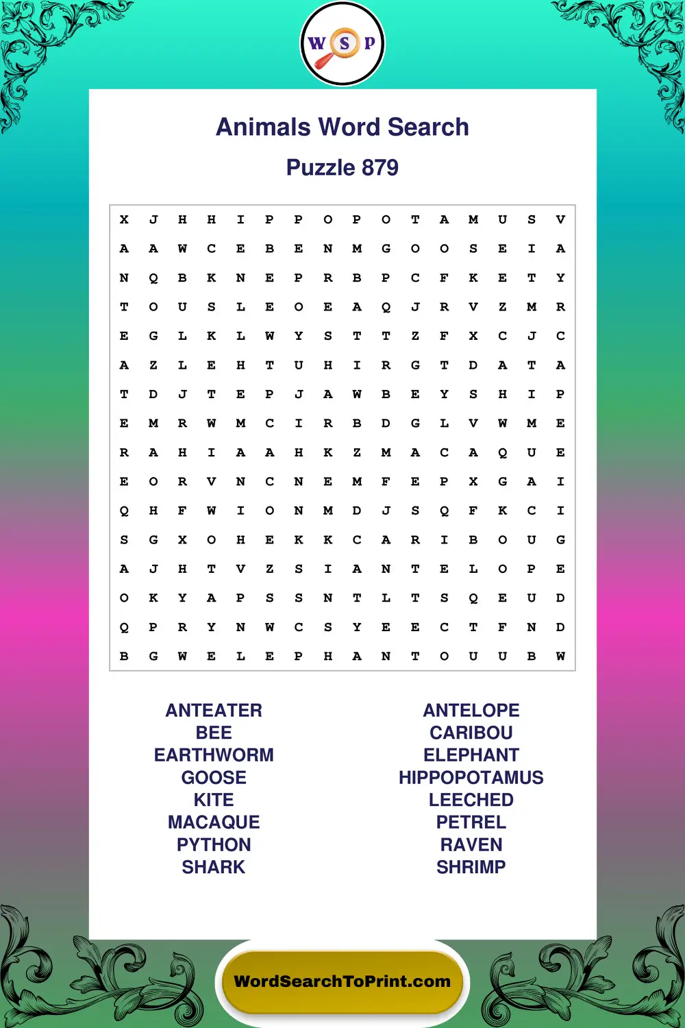 Animals Word Search Puzzle 879