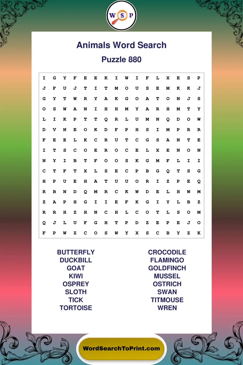Animals Word Search Puzzle 880