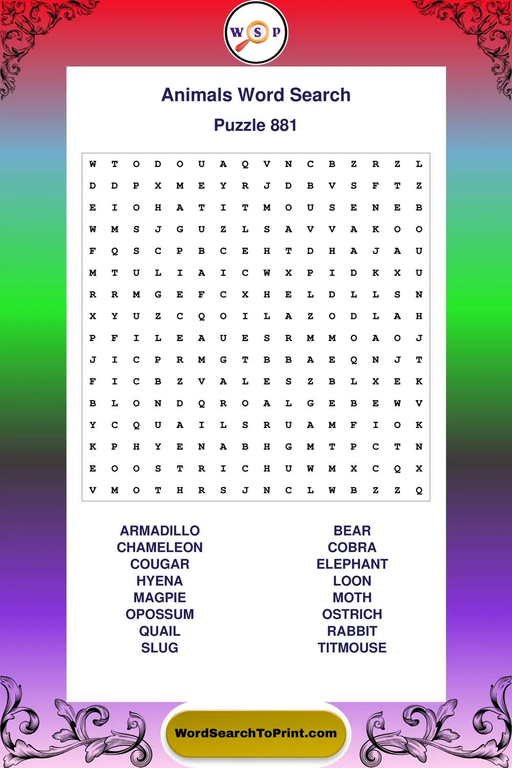 Animals Word Search Puzzle 881