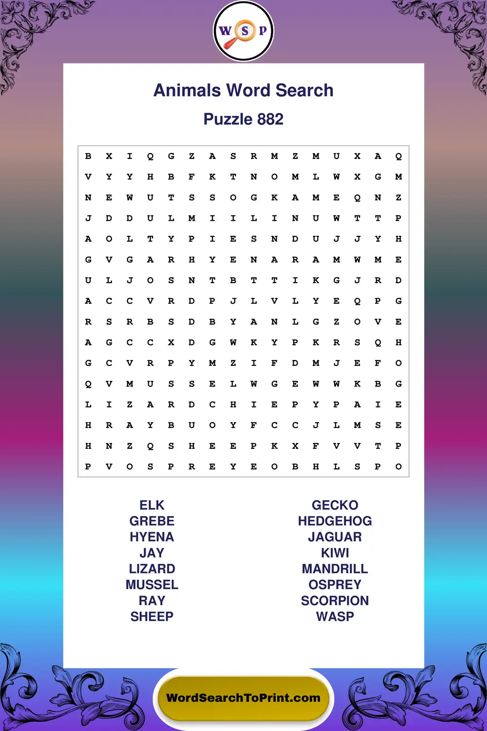 Animals Word Search Puzzle 882